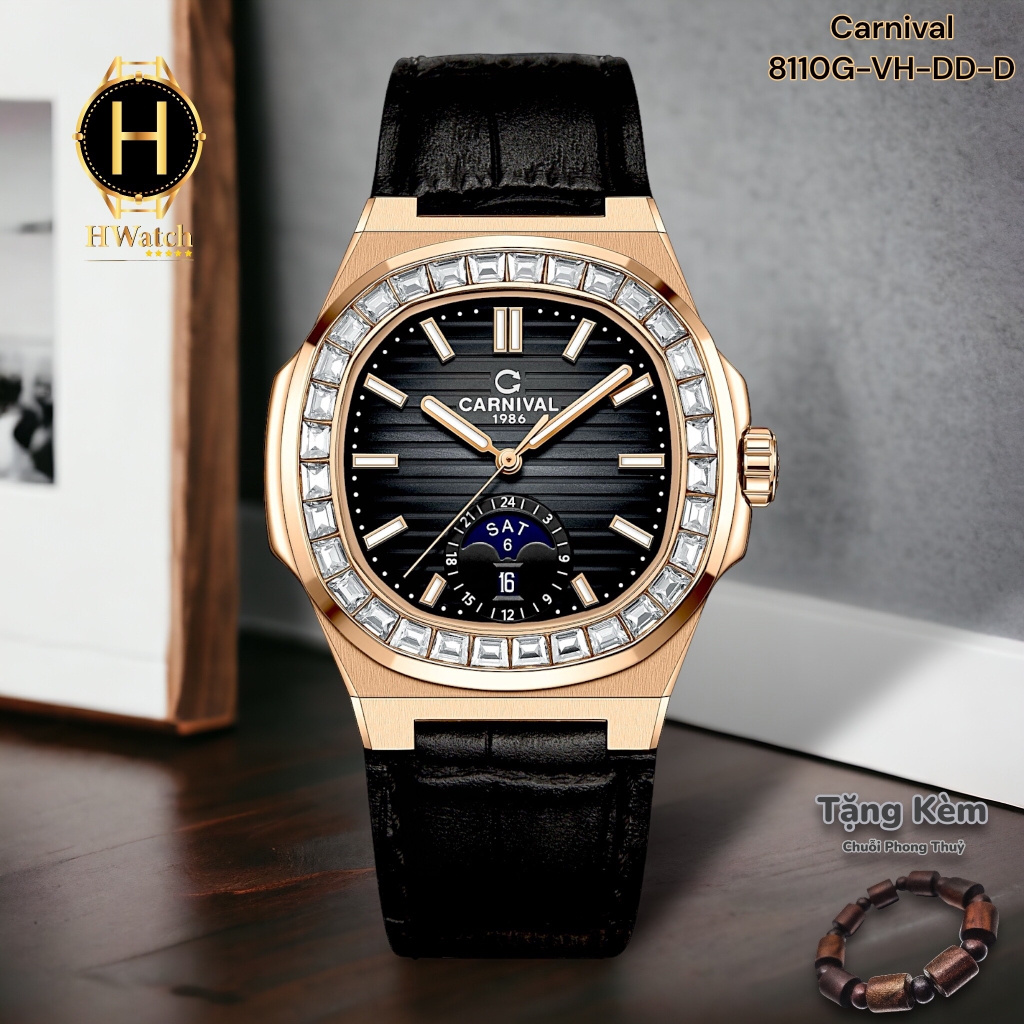 Đồng Hồ Nam Carnival Automatic 8110G-VH-DD-D Dây Da Vỏ Vàng Hồng Mặt Đen Sapphire