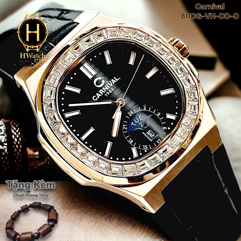 Đồng Hồ Nam Carnival Automatic 8110G-VH-DD-D Dây Da Vỏ Vàng Hồng Mặt Đen Sapphire