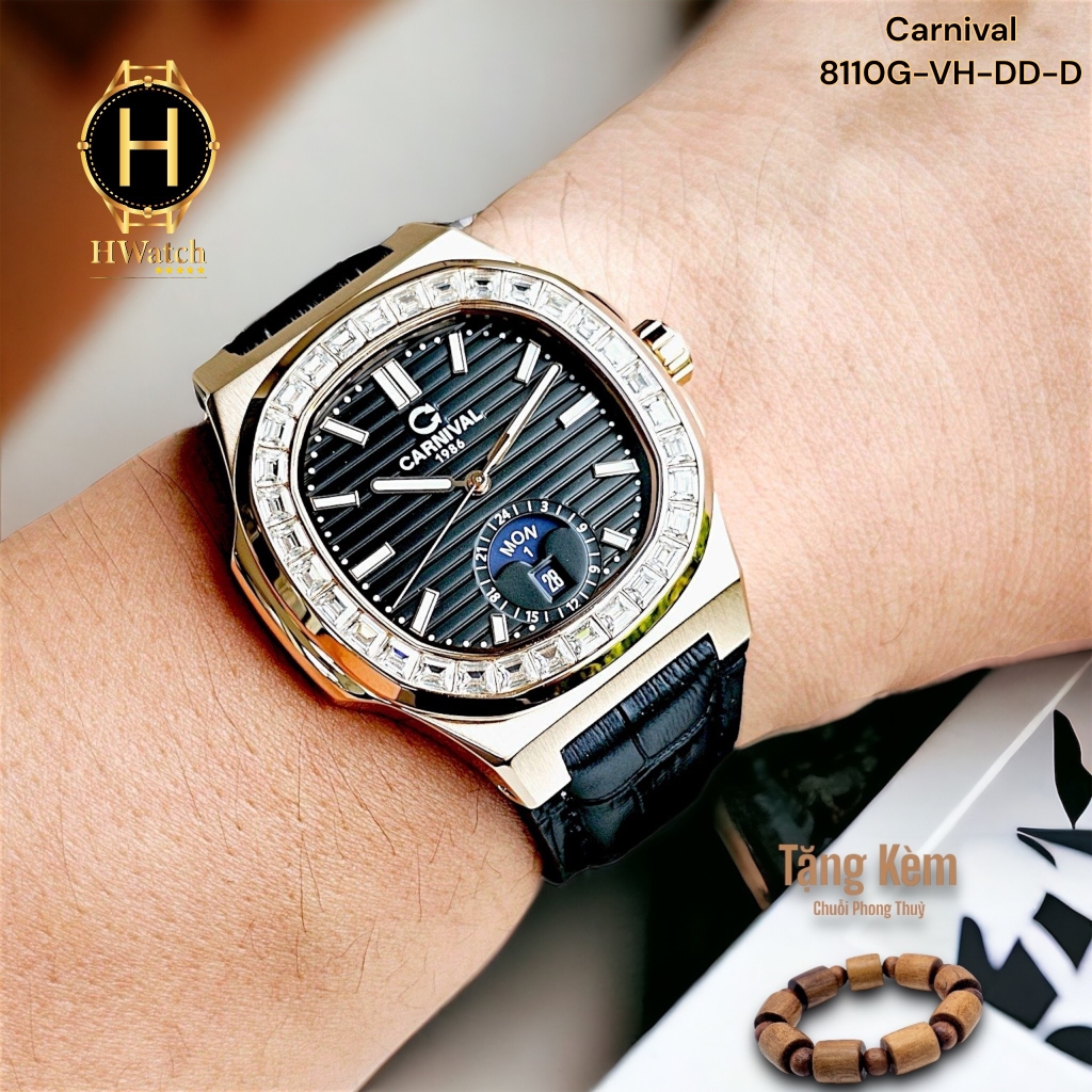Đồng Hồ Nam Carnival Automatic 8110G-VH-DD-D Dây Da Vỏ Vàng Hồng Mặt Đen Sapphire