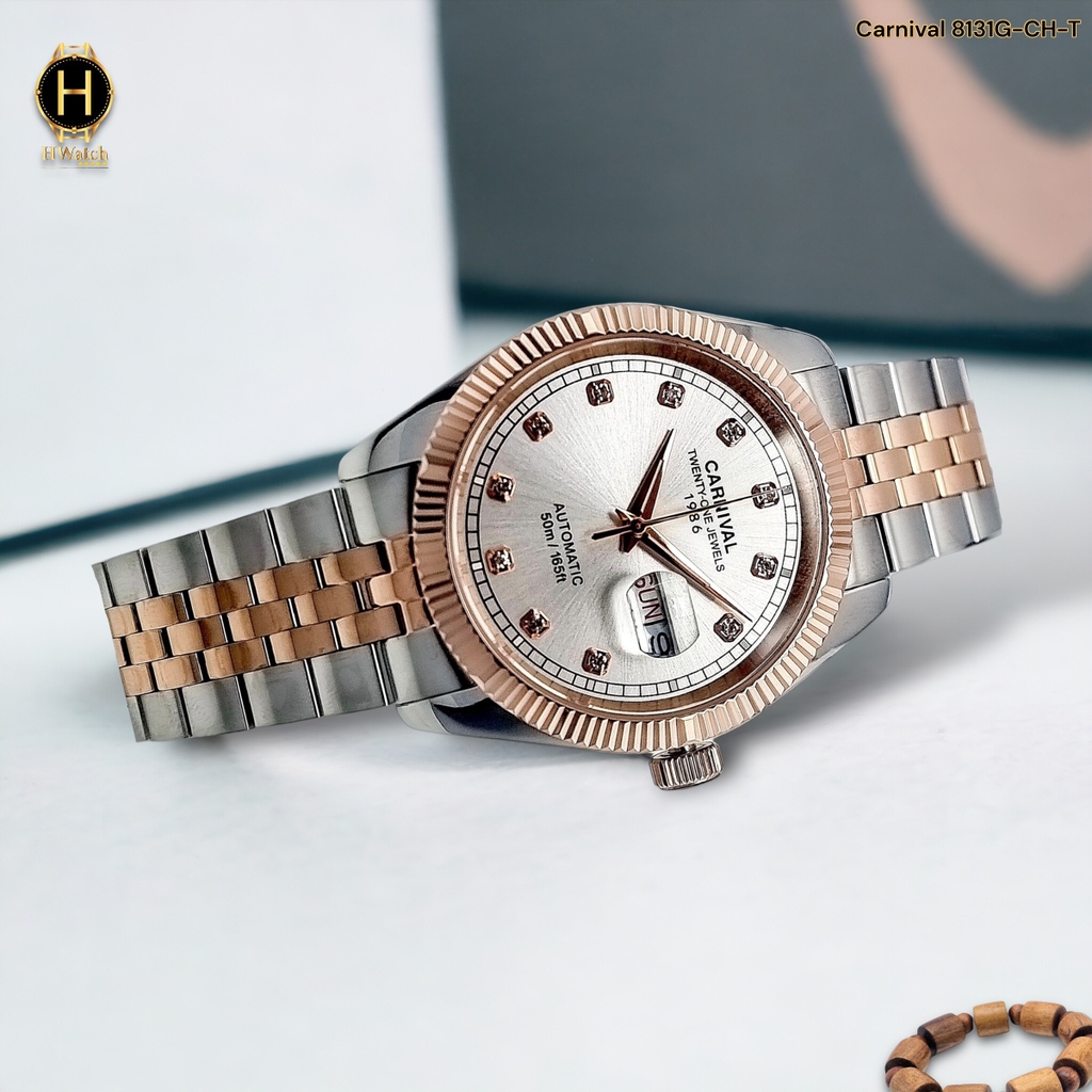 Đồng Hồ Nam Carnival Automatic 8131G-CH-T ( 8131G ) Dây Thép Demi Vàng Hồng Mặt Trắng
