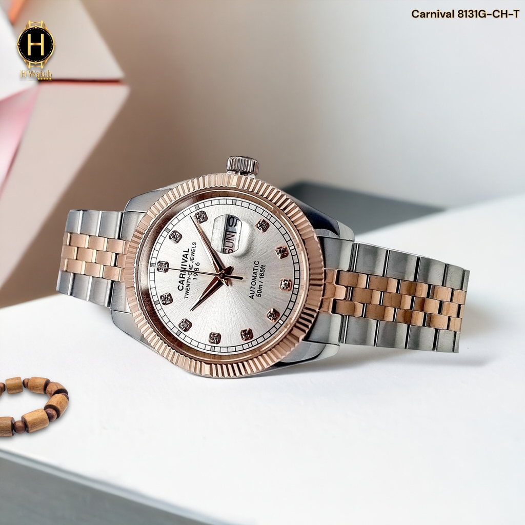Đồng Hồ Nam Carnival Automatic 8131G-CH-T ( 8131G ) Dây Thép Demi Vàng Hồng Mặt Trắng