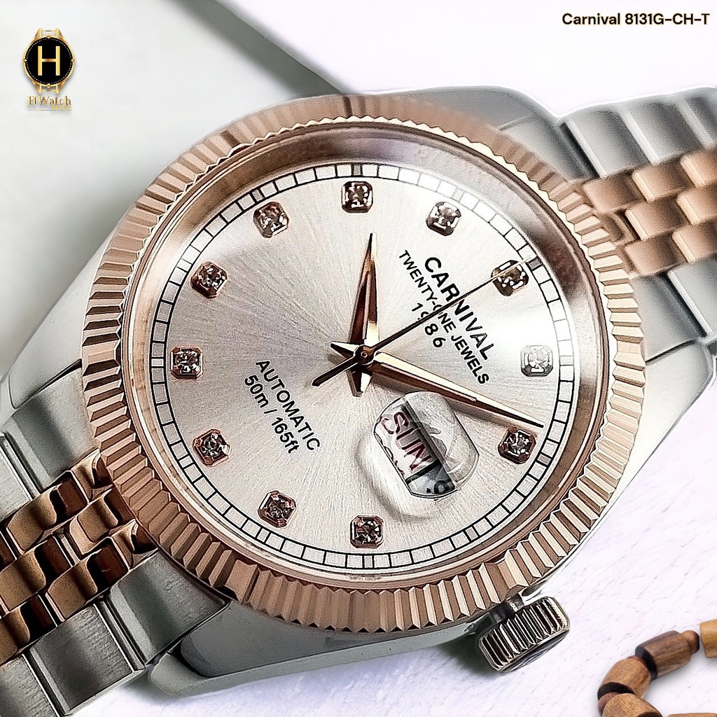 Đồng Hồ Nam Carnival Automatic 8131G-CH-T ( 8131G ) Dây Thép Demi Vàng Hồng Mặt Trắng