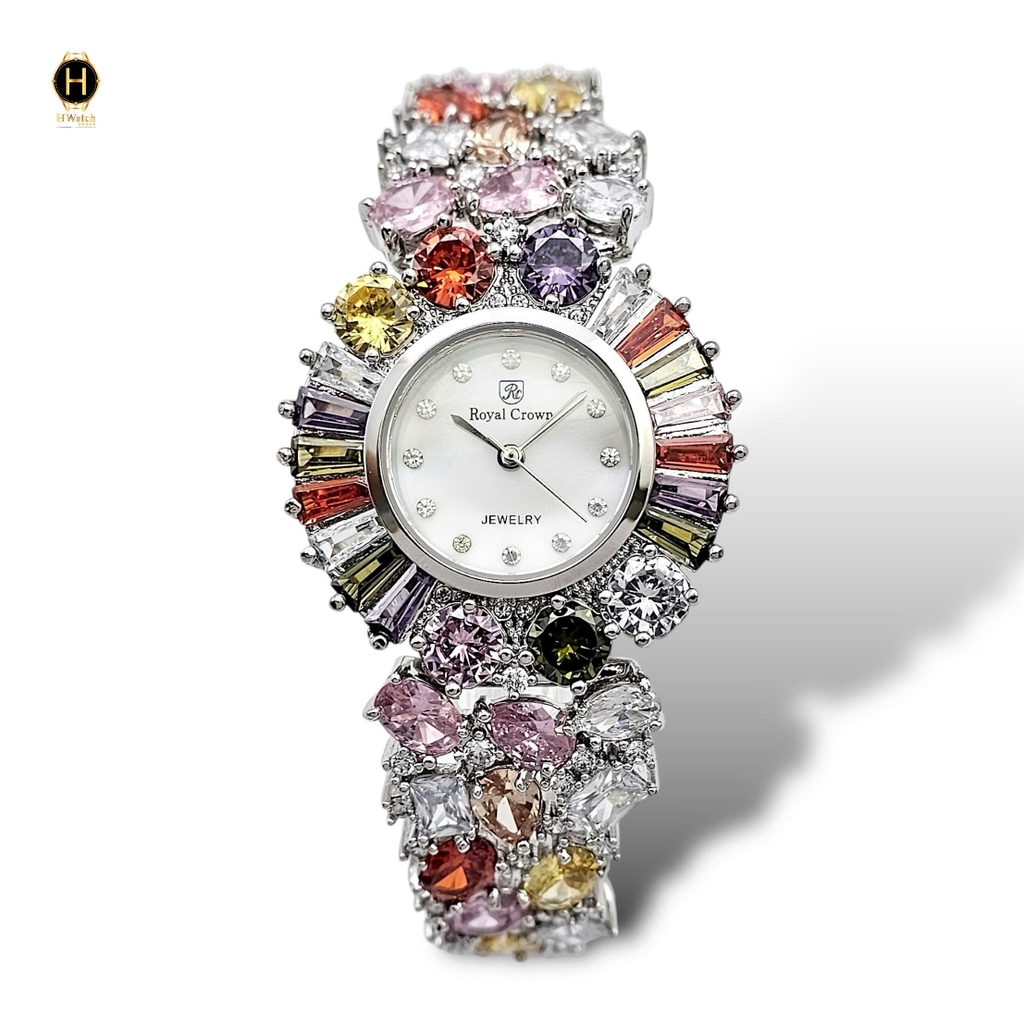 Đồng Hồ Nữ Royal Crown Quartz 8396 Thép Trắng Đá Màu