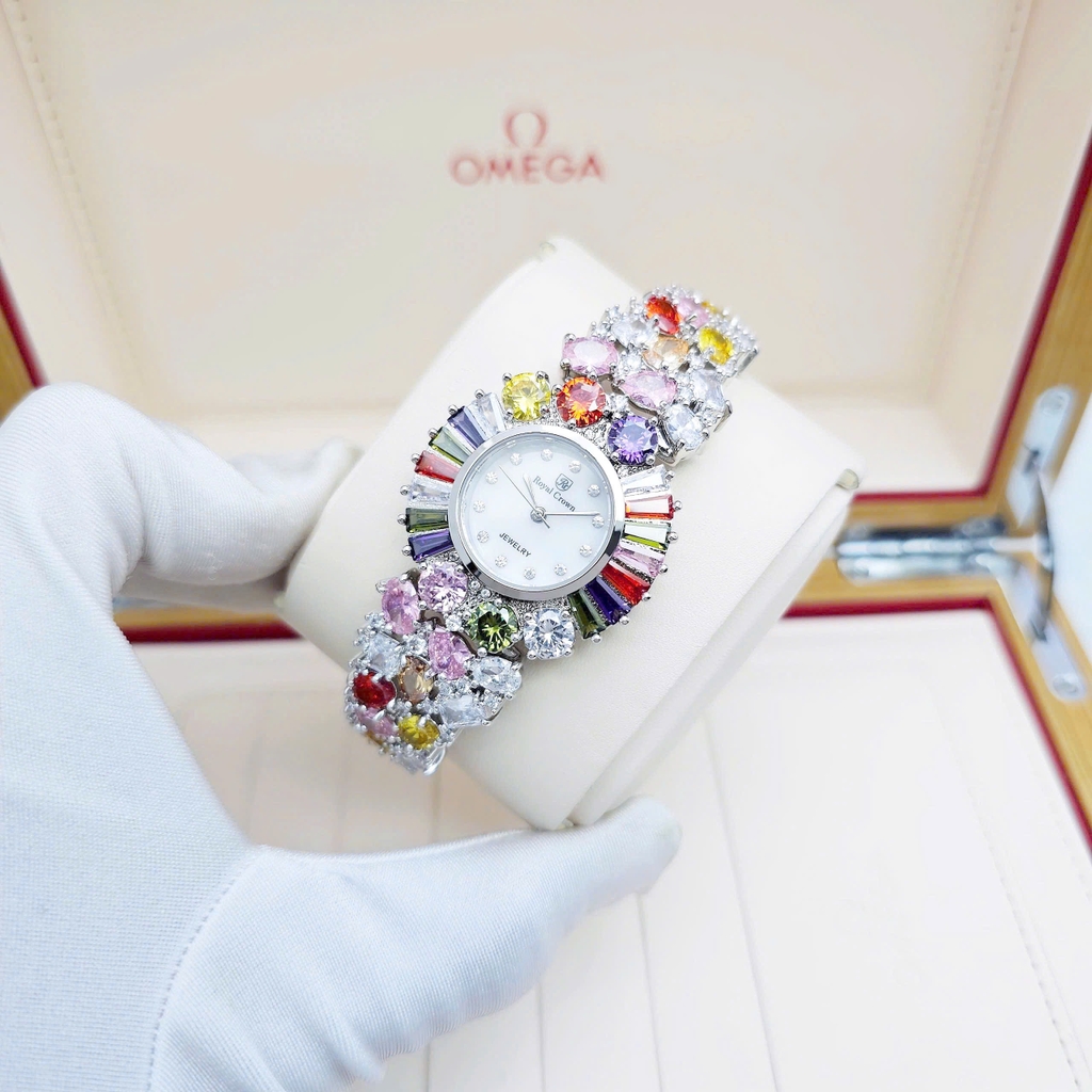 Đồng Hồ Nữ Royal Crown Quartz 8396 Thép Trắng Đá Màu