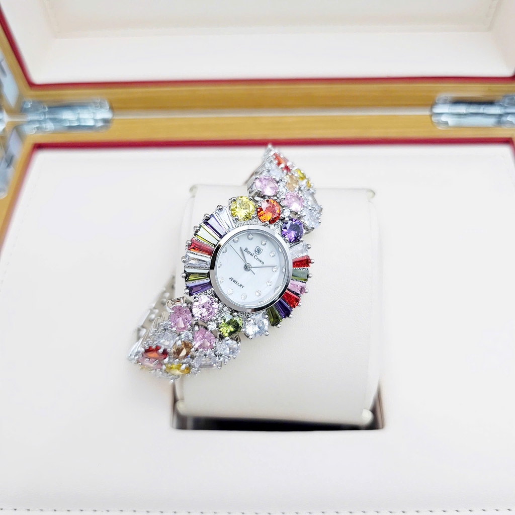 Đồng Hồ Nữ Royal Crown Quartz 8396 Thép Trắng Đá Màu