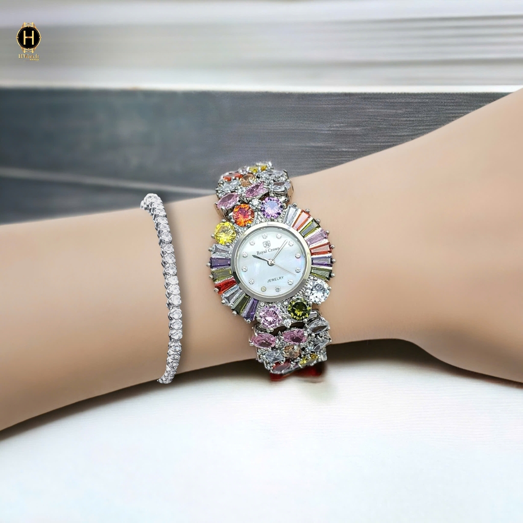 Đồng Hồ Nữ Royal Crown Quartz 8396 Thép Trắng Đá Màu