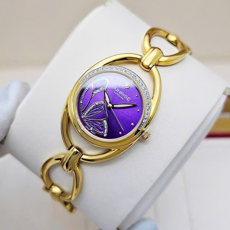 Đồng Hồ Nữ Sunrise Quartz 9014AA Thép Vàng Tím