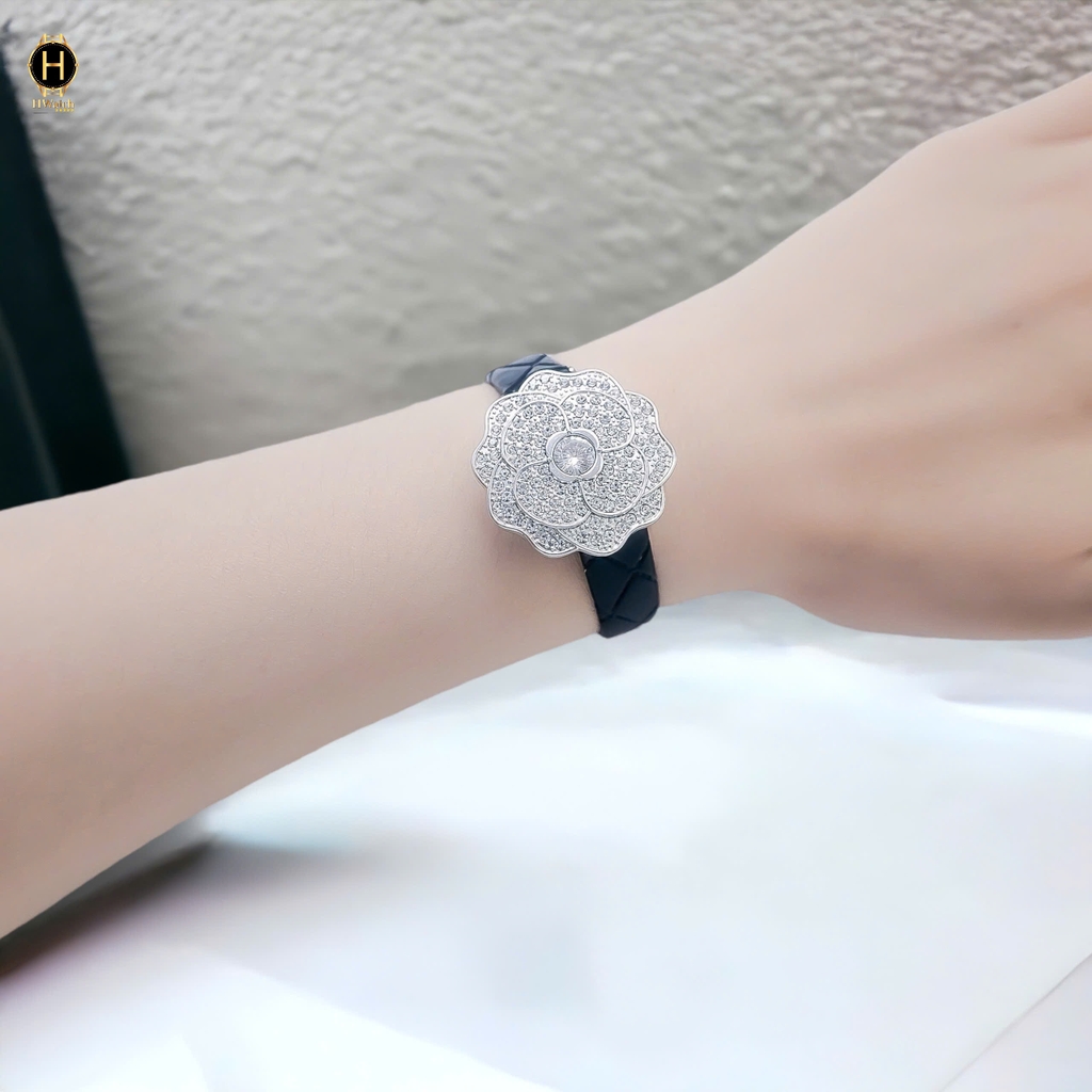 Đồng Hồ Nữ Scottie Quartz 9559B  Da Đen Vỏ Trắng Mặt Trắng