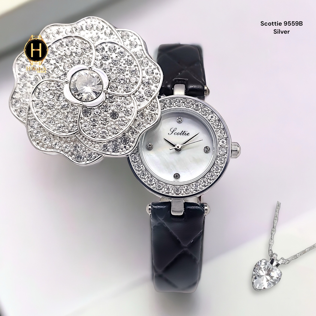 Đồng Hồ Nữ Scottie Quartz 9559B  Da Đen Vỏ Trắng Mặt Trắng