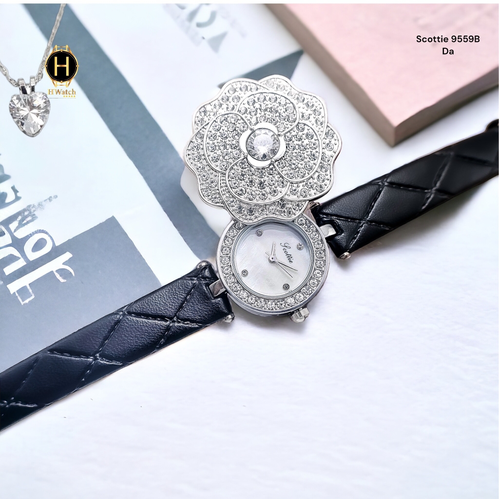 Đồng Hồ Nữ Scottie Quartz 9559B  Da Đen Vỏ Trắng Mặt Trắng
