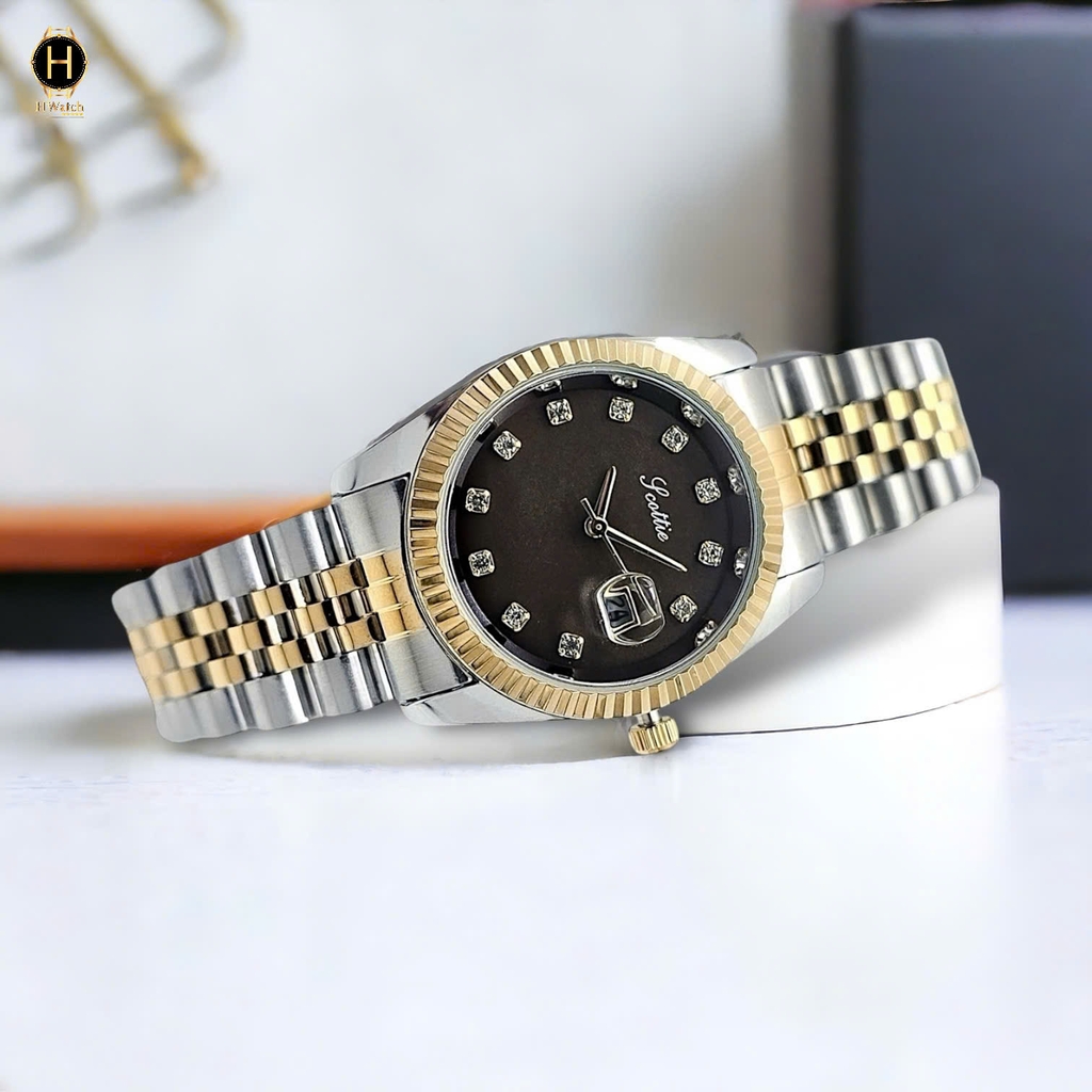Đồng Hồ Nữ Scottie Quartz 9570 Thép Demi Gold Mặt Nâu