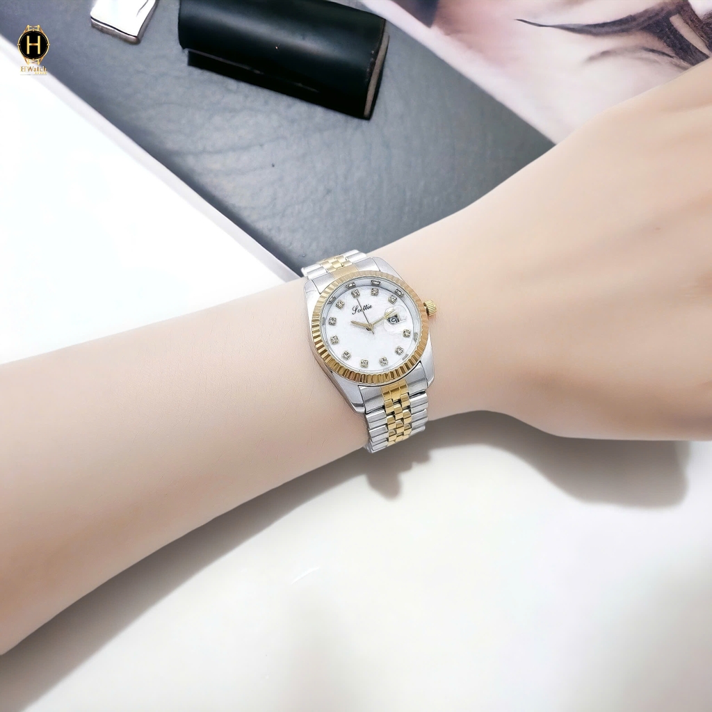 Đồng Hồ Nữ Scottie Quartz 9570 Thép Demi Gold Mặt Trắng