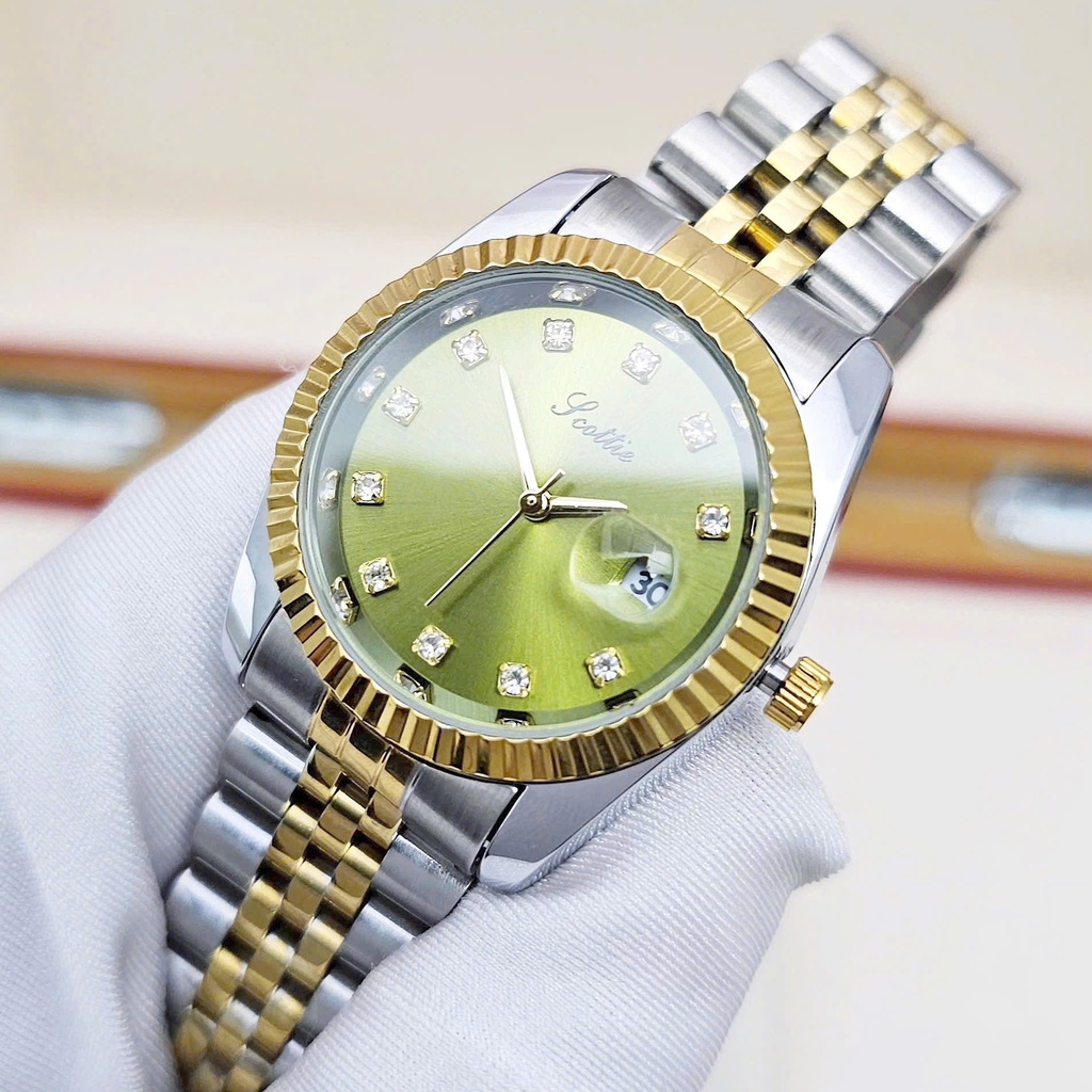 Đồng Hồ Nữ Scottie Quartz 9570 Thép Demi Vàng Mặt Xanh Lá