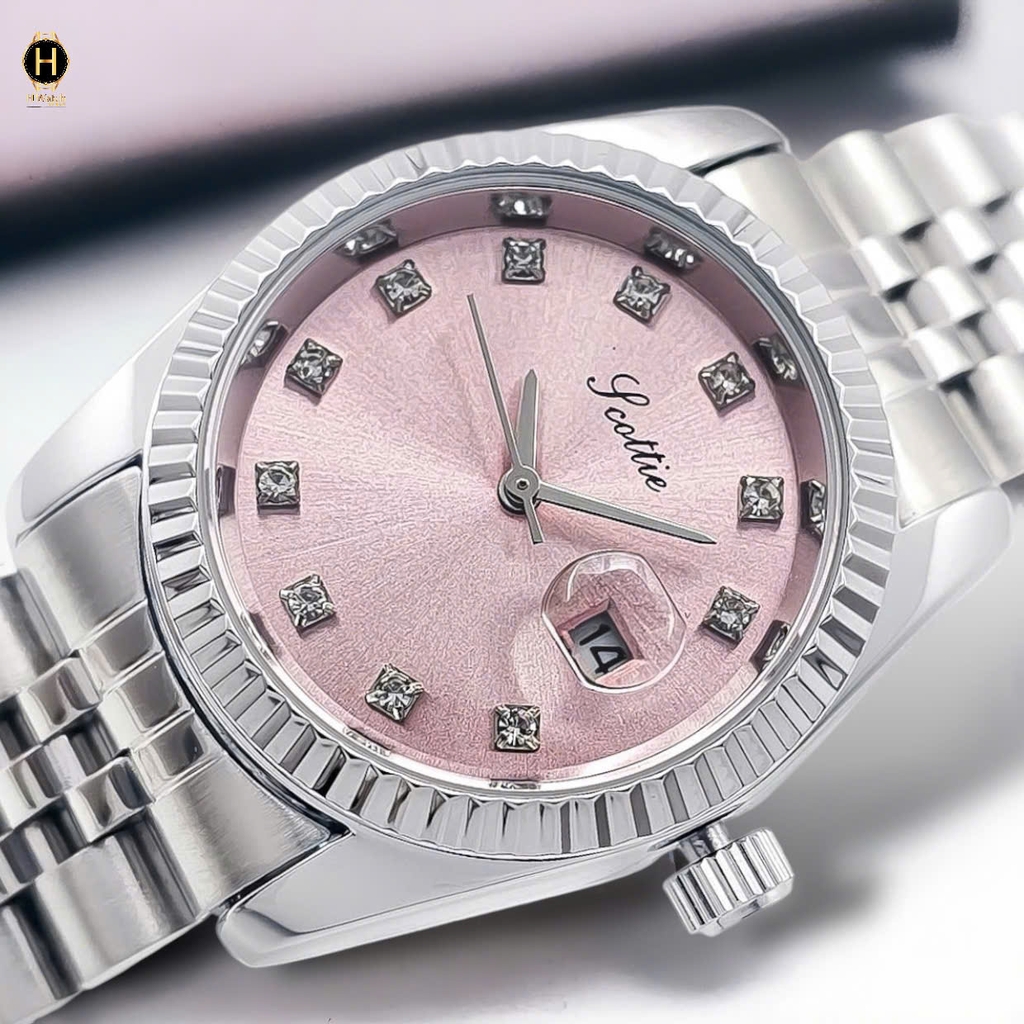 Đồng Hồ Nữ Scottie Quartz 9570 Thép Trắng Mặt Hồng