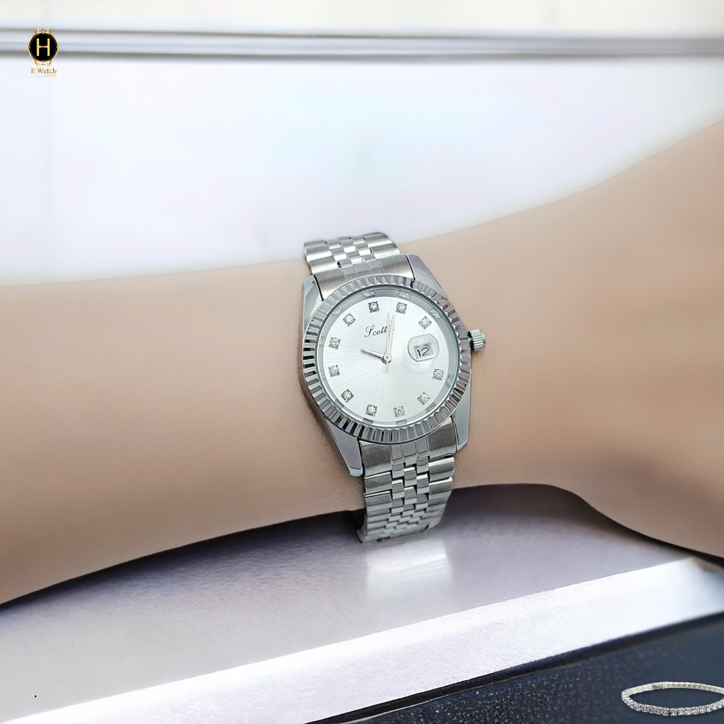 Đồng Hồ Nữ Scottie Quartz 9570 Thép Trắng Mặt Trắng