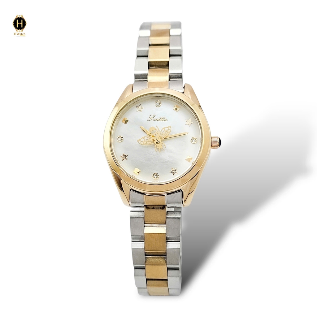 Đồng Hồ Nữ Scottie Quartz 9595 Thép Demi Vàng Mặt Trắng
