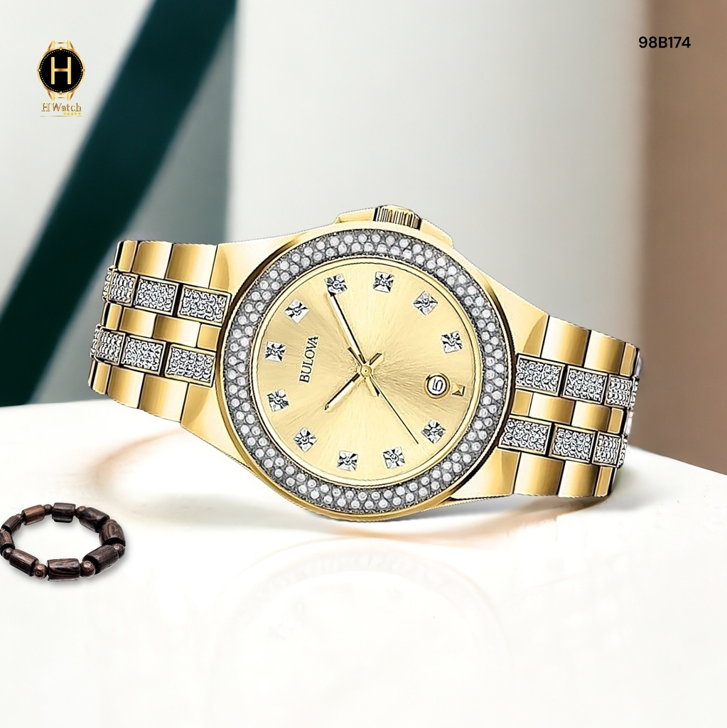 Đồng Hồ Nam Bulova Quartz 98B174 Dây Thép Demi Vàng Mặt Vàng.