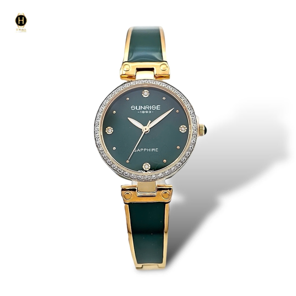 Đồng Hồ Nữ Sunrise Quartz 9991AA Dây Thép Vỏ Vàng Mặt Xanh