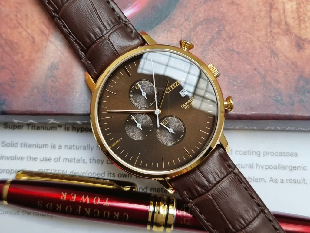 Đồng Hồ Nam Citizen Quartz Chronograph AN3612-09X Chronograph Dây Da Nâu Rose