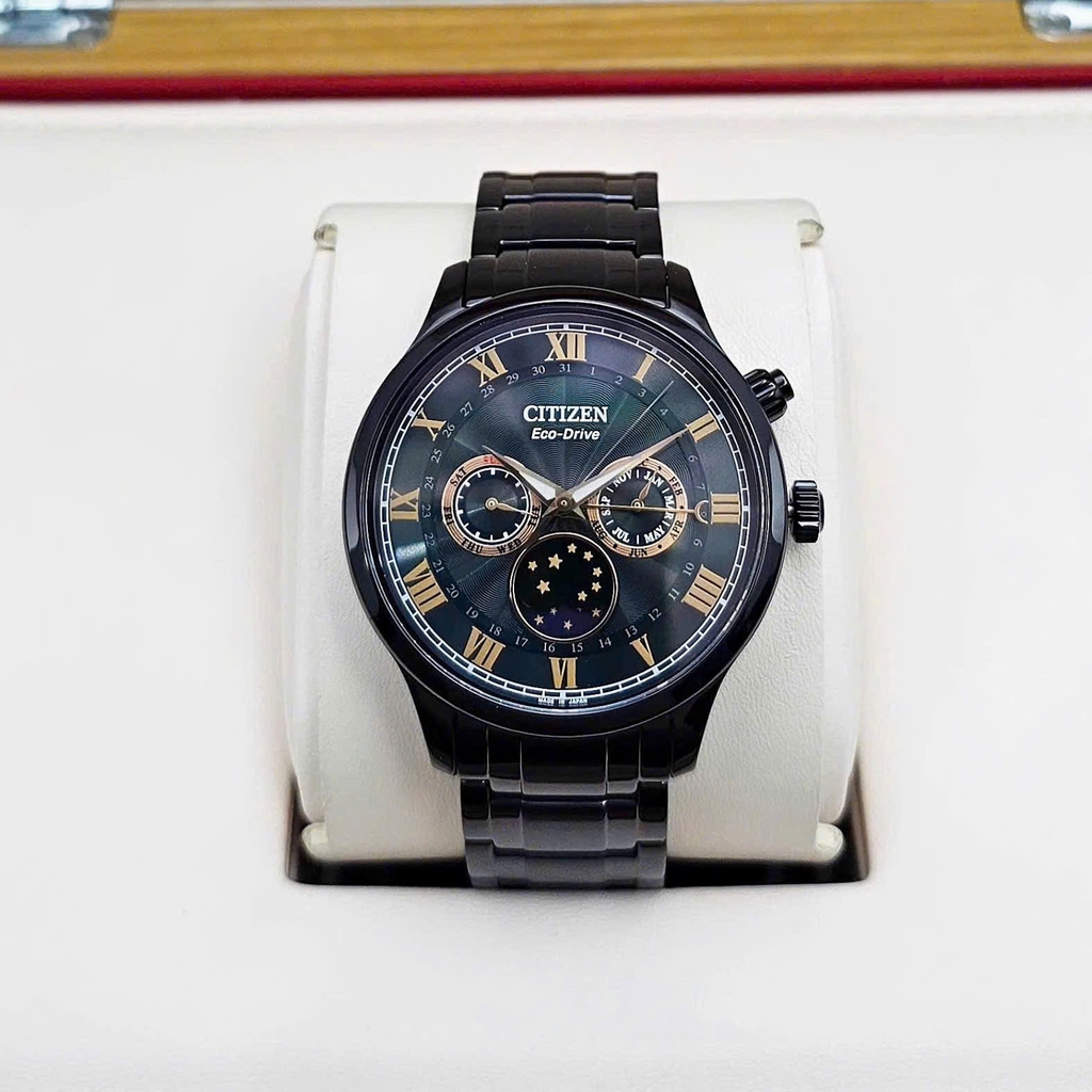 Đồng Hồ Nam Citizen Quartz Eco-drive MoonPhase Black Green AP1055-87X