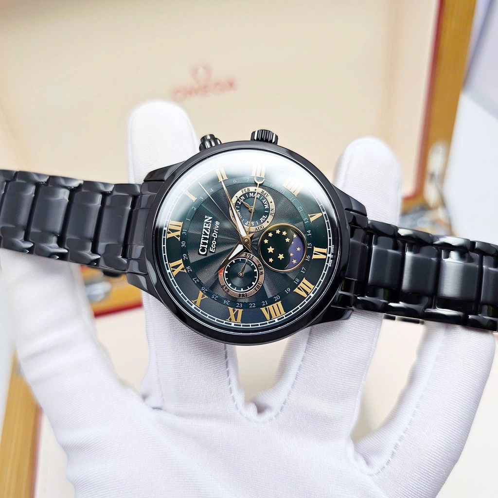 Đồng Hồ Nam Citizen Quartz Eco-drive MoonPhase Black Green AP1055-87X