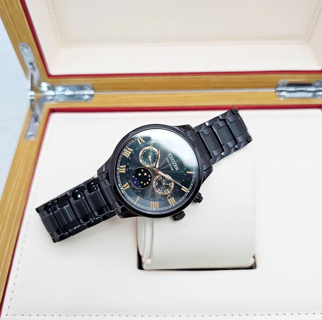 Đồng Hồ Nam Citizen Quartz Eco-drive MoonPhase Black Green AP1055-87X