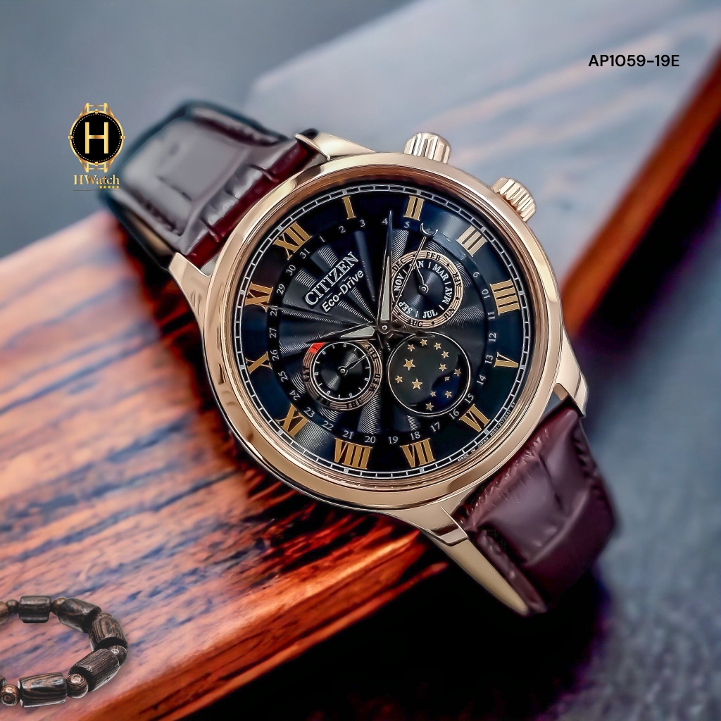 Đồng Hồ Nam Citizen Quartz Eco-Drive  MoonPhase AP1059-19E Dây Da Nâu Mặt Nâu
