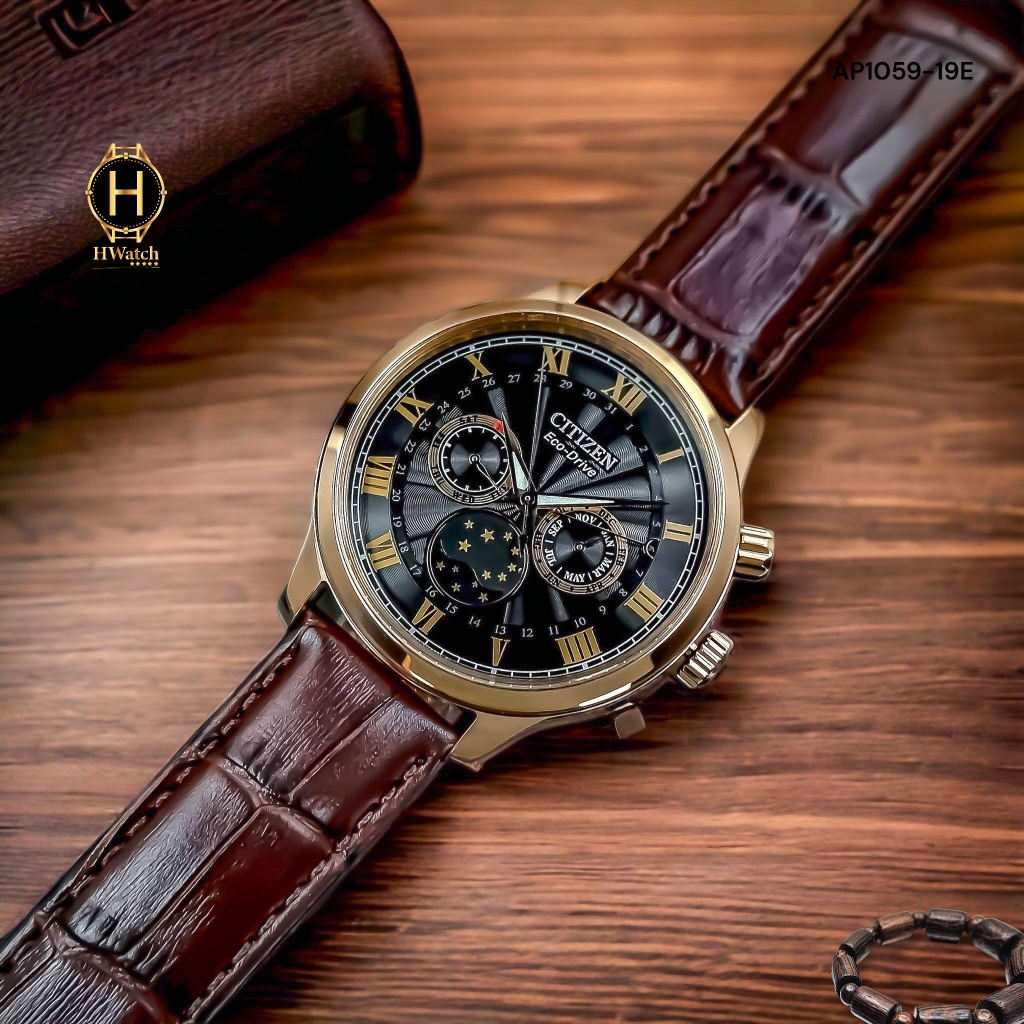 Đồng Hồ Nam Citizen Quartz Eco-Drive  MoonPhase AP1059-19E Dây Da Nâu Mặt Nâu