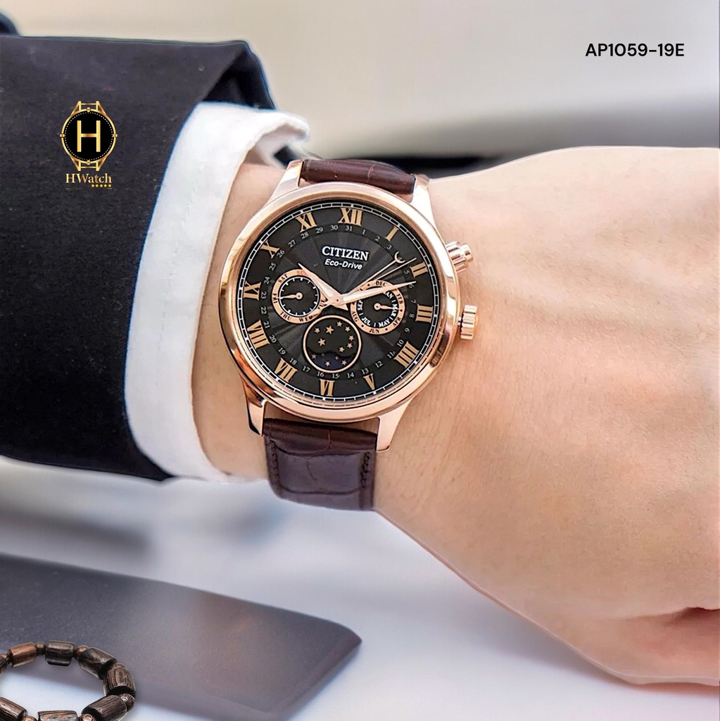 Đồng Hồ Nam Citizen Quartz Eco-Drive  MoonPhase AP1059-19E Dây Da Nâu Mặt Nâu