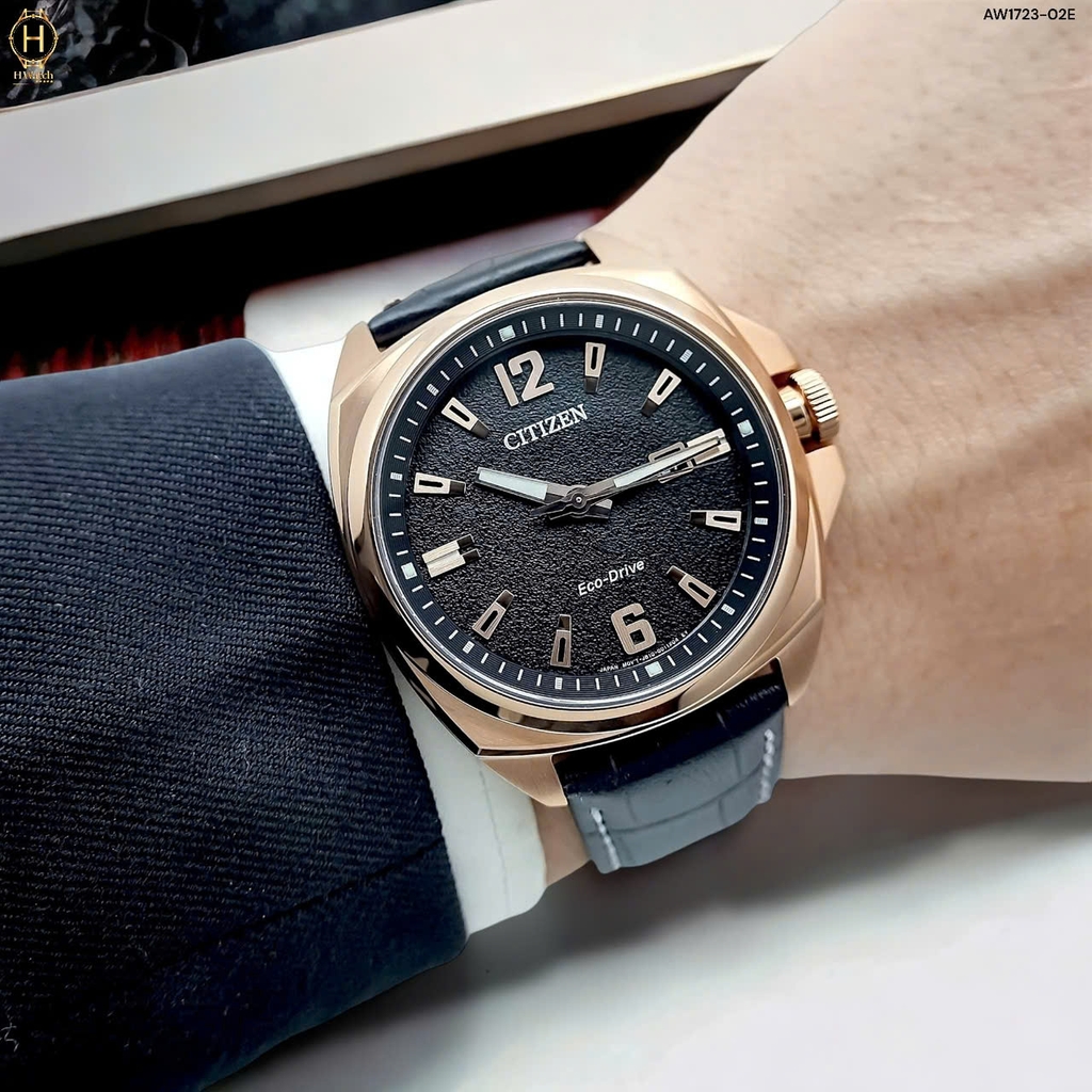 Đồng Hồ Nam Citizen Quartz Eco-Drive AW1723-02E Dây Da Vỏ Vàng Hồng Mặt Đen Sapphire