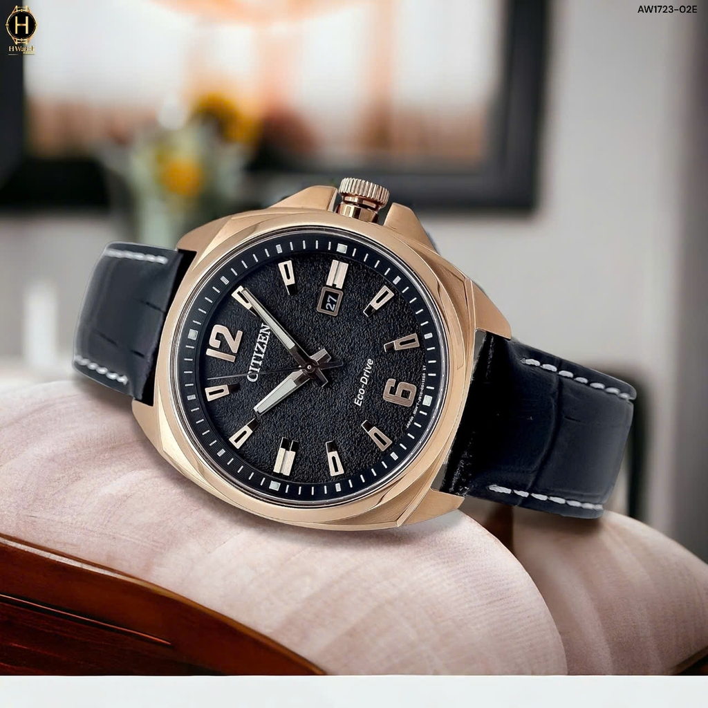 Đồng Hồ Nam Citizen Quartz Eco-Drive AW1723-02E Dây Da Vỏ Vàng Hồng Mặt Đen Sapphire