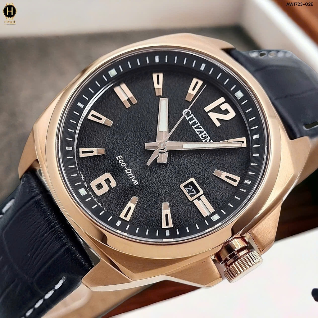 Đồng Hồ Nam Citizen Quartz Eco-Drive AW1723-02E Dây Da Vỏ Vàng Hồng Mặt Đen Sapphire