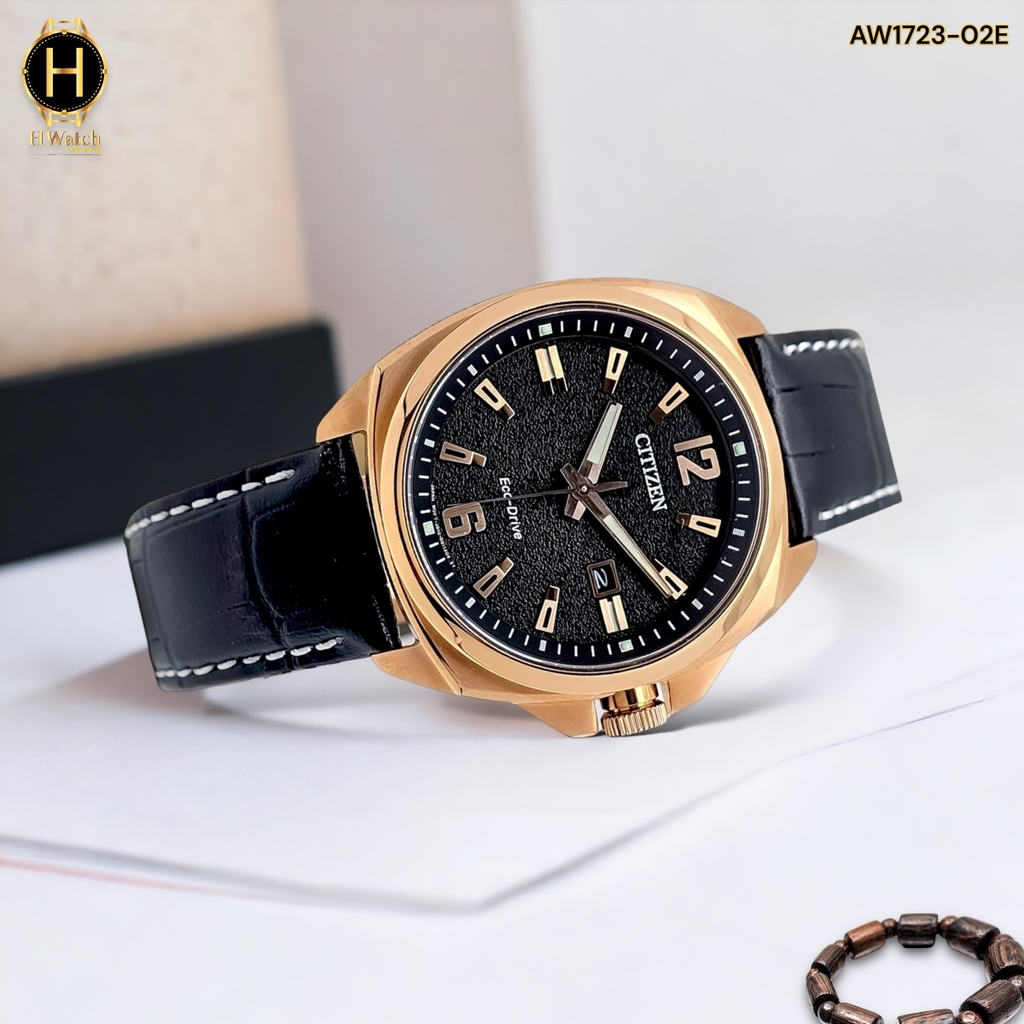 Đồng Hồ Nam Citizen Quartz Eco-Drive AW1723-02E Dây Da Vỏ Vàng Hồng Mặt Đen Sapphire