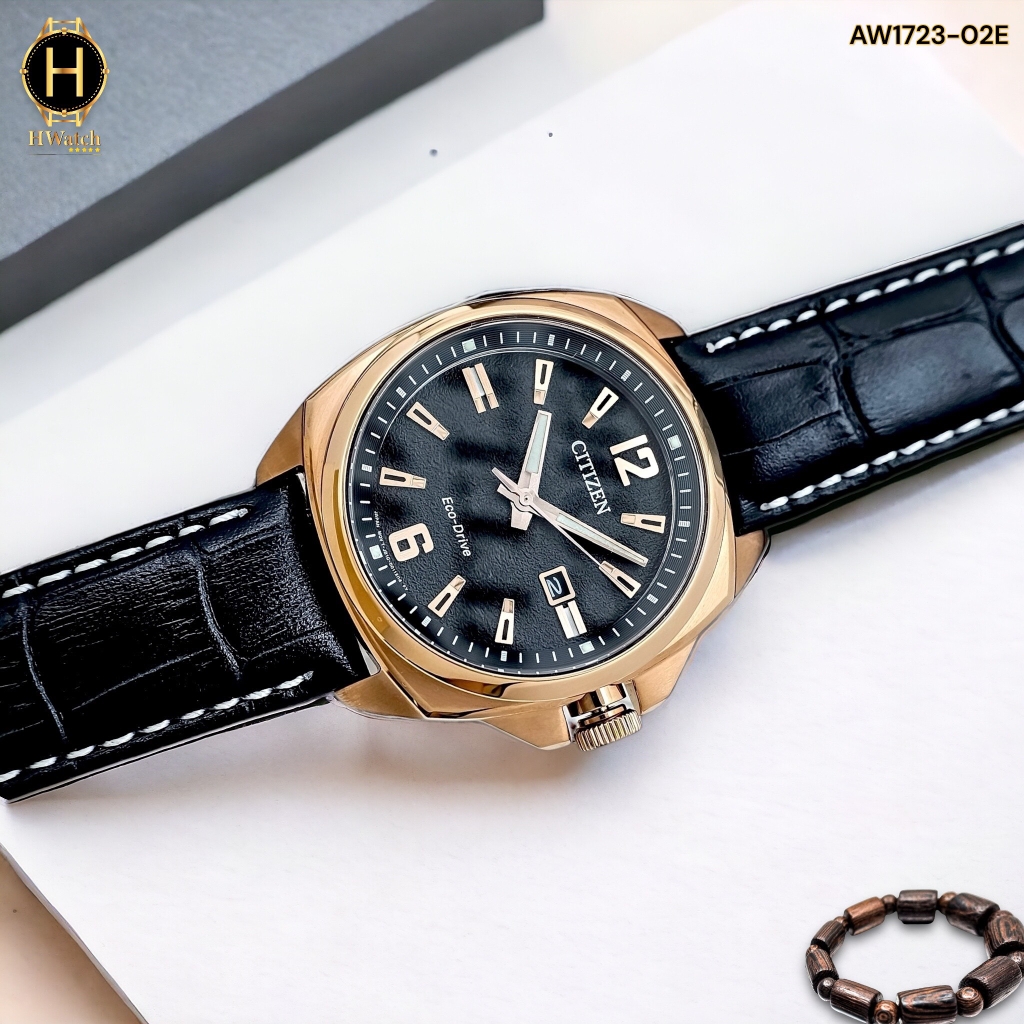 Đồng Hồ Nam Citizen Quartz Eco-Drive AW1723-02E Dây Da Vỏ Vàng Hồng Mặt Đen Sapphire