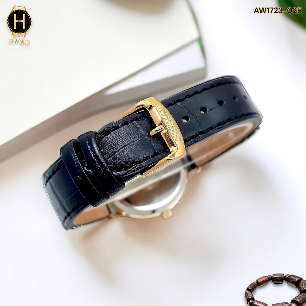 Đồng Hồ Nam Citizen Quartz Eco-Drive AW1723-02E Dây Da Vỏ Vàng Hồng Mặt Đen Sapphire
