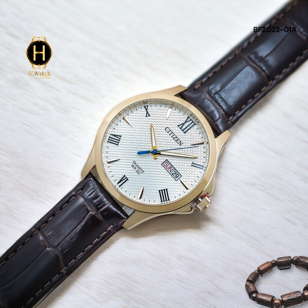 Đồng Hồ Nam Citizen BF2023-01A Quartz Dây Da Vỏ Rose Mặt Trắng Caro
