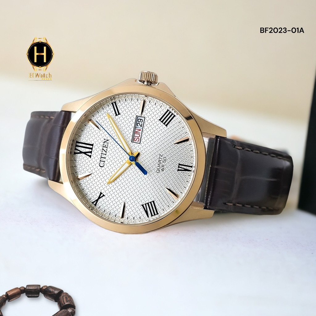 Đồng Hồ Nam Citizen BF2023-01A Quartz Dây Da Vỏ Rose Mặt Trắng Caro