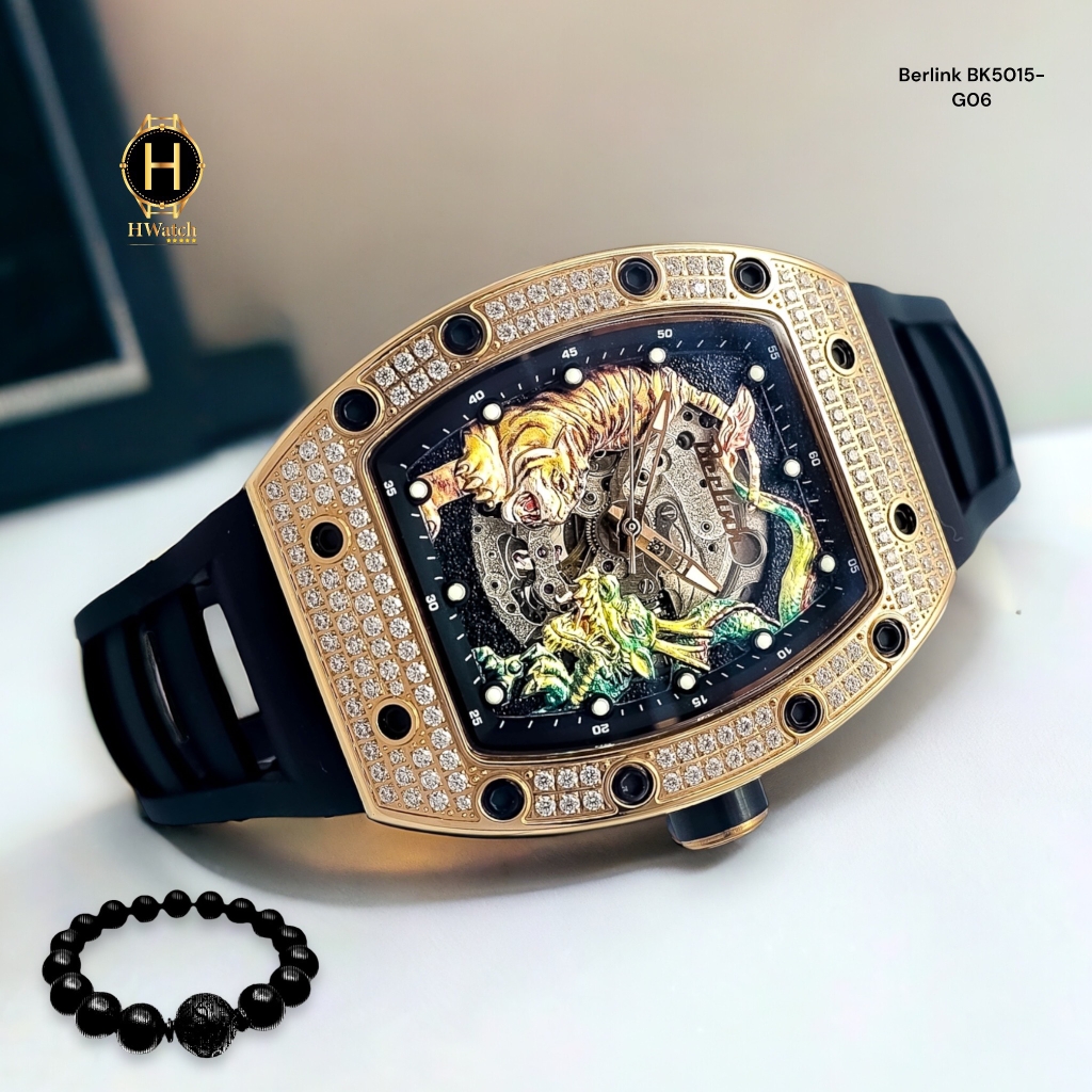 Đồng Hồ Nam Berlink Automatic BK5015-G06 Dây Casu Vỏ Vàng Hồng Đính Đá Limited Edition