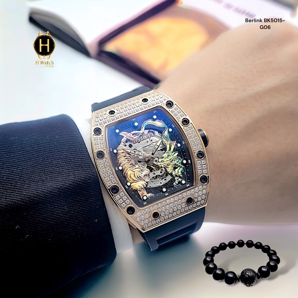 Đồng Hồ Nam Berlink Automatic BK5015-G06 Dây Casu Vỏ Vàng Hồng Đính Đá Limited Edition