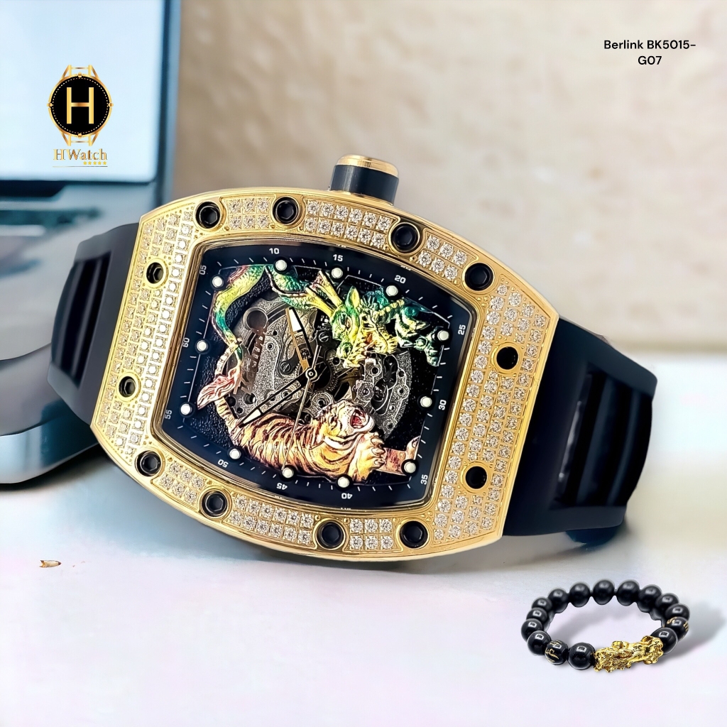 Đồng Hồ Nam Berlink Automatic BK5015-G07 Dây Casu Vỏ Vàng Hồng Đính Đá Limited Edition