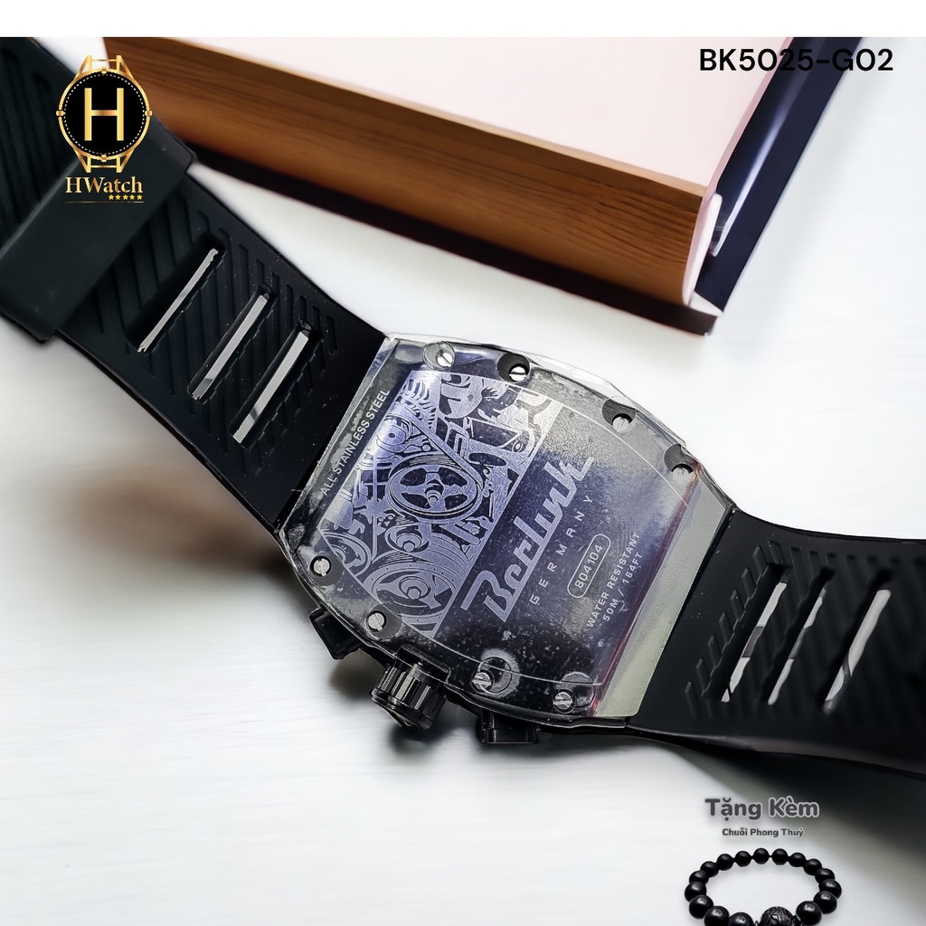 Đồng Hồ Nam Berlink Quartz BK5025-G02 Dây Cao Su Màu Xanh Viền Đen Mặt Đen