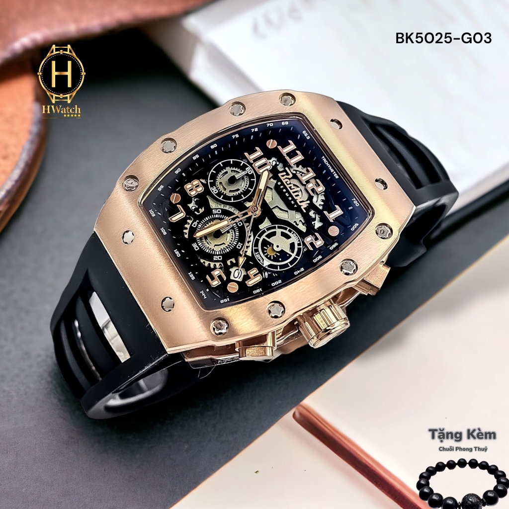 Đồng Hồ Nam Berlink Quartz BK5025-G03 Dây Cao Su Màu Đen Viền Gold Mặt Đen