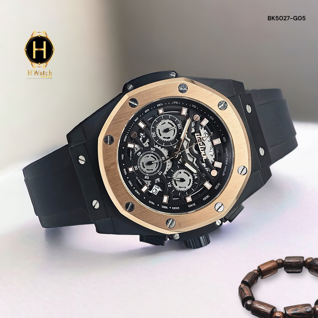 Đồng Hồ Nam Berlink Quartz BK5027-G05 Dây Casu Vỏ Gold Mặt Đen Sapphire