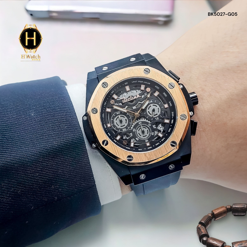 Đồng Hồ Nam Berlink Quartz BK5027-G05 Dây Casu Vỏ Gold Mặt Đen Sapphire