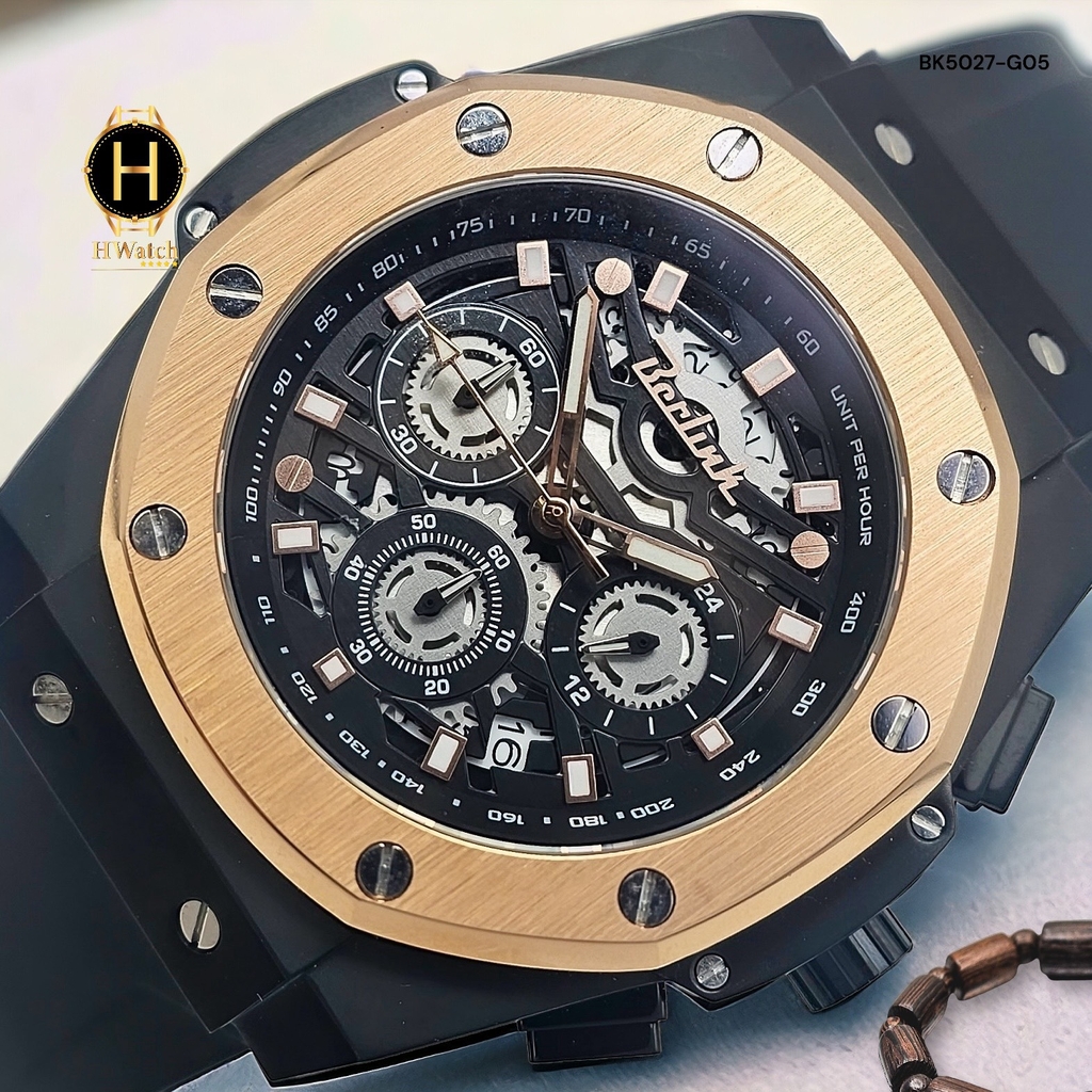 Đồng Hồ Nam Berlink Quartz BK5027-G05 Dây Casu Vỏ Gold Mặt Đen Sapphire