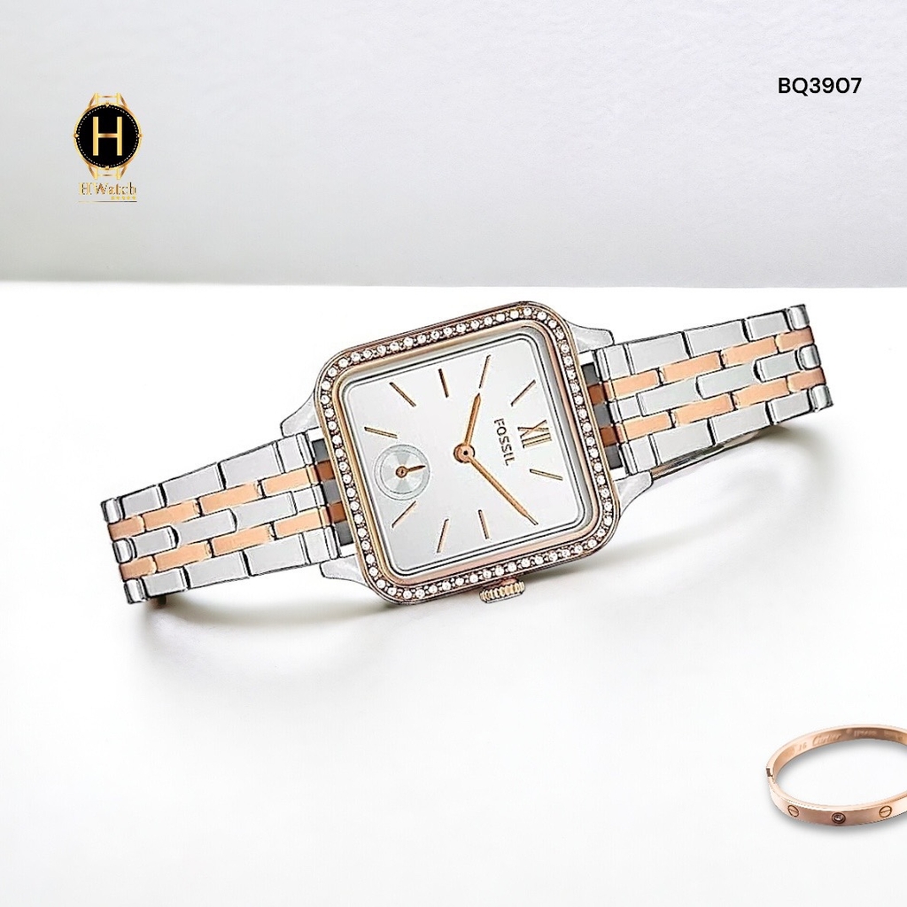 Đồng Hồ Nữ Fossil Quartz BQ3907 Dây Thép Demi Vàng Hồng  Mặt Trắng Viền Đính Đá