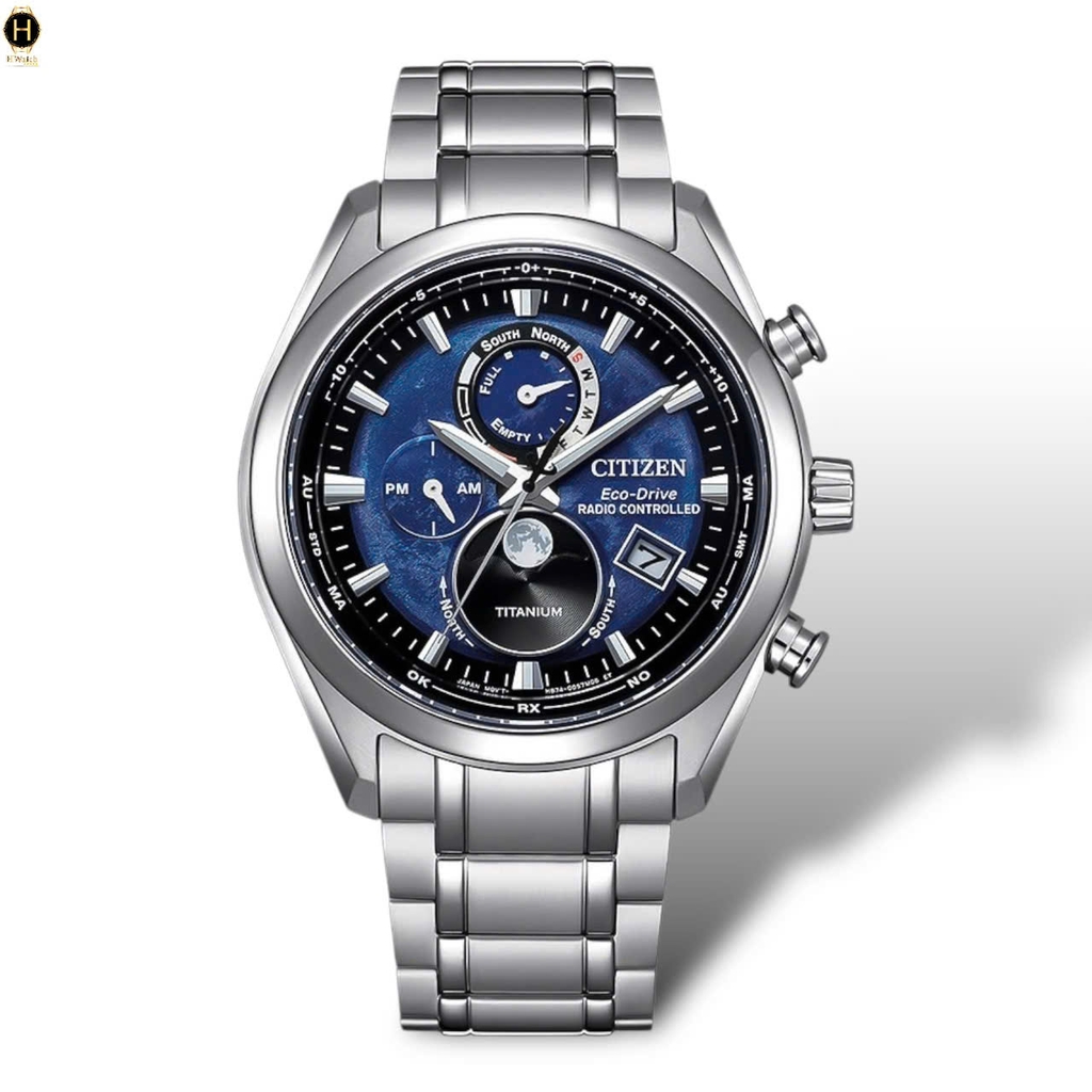 Đồng Hồ Nam Citizen Quartz Eco-drive Super Titanium Tsuki-Yomi Radio Controlled Perpetual Calendar Moon Phase Blue BY1010-81L