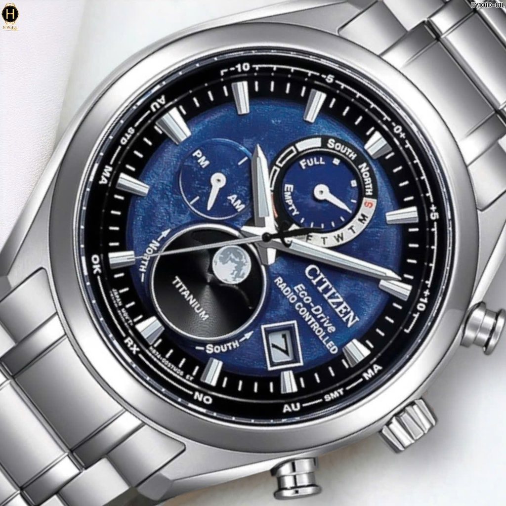 Đồng Hồ Nam Citizen Quartz Eco-drive Super Titanium Tsuki-Yomi Radio Controlled Perpetual Calendar Moon Phase Blue BY1010-81L