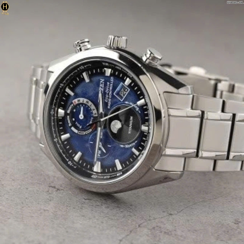 Đồng Hồ Nam Citizen Quartz Eco-drive Super Titanium Tsuki-Yomi Radio Controlled Perpetual Calendar Moon Phase Blue BY1010-81L