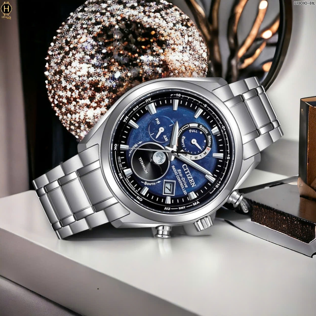 Đồng Hồ Nam Citizen Quartz Eco-drive Super Titanium Tsuki-Yomi Radio Controlled Perpetual Calendar Moon Phase Blue BY1010-81L